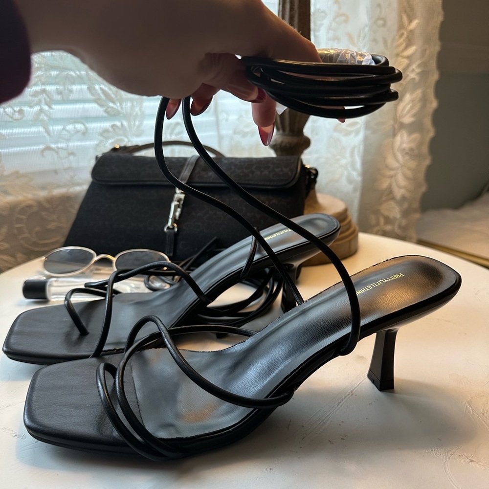Black tie up kitten heel sandals